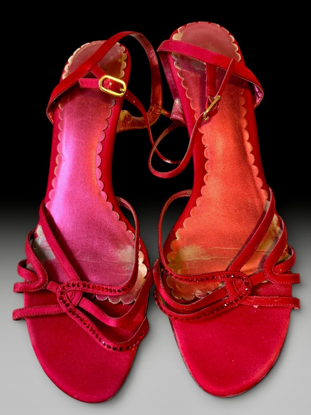 Red Satin Strappy Rhinestone Evening Sandals Heels Size 11M